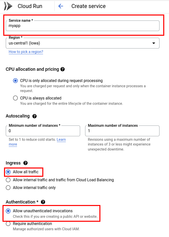 Create Google Cloud Run service